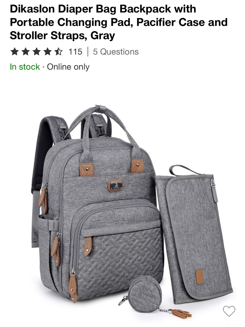 Gray Diaper Backpack with Changing Pad and Pacifier Case